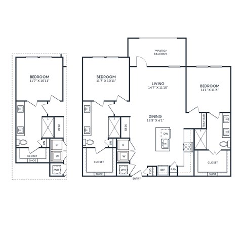 Floor plan for 2 beds, 2 baths, 1156 sqft